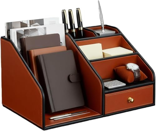 KINGFOM Büro Schreibtisch Organizer mit A4 Stehsammler, PU Leder Schreibtischorganizer Multifunktionale Stifte Organizer Stiftehalter Bürobedarf Zeitschriftensammler (Braun)