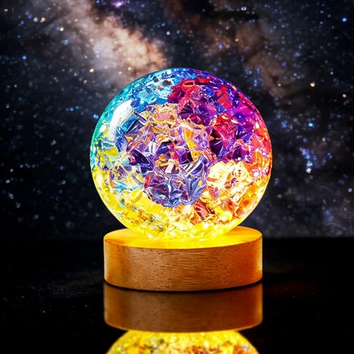 80mm Colorful Cracked Crystal Balls Night Light Decorative Glass Spheres with Wooden Light Base Decor for Home Wedding Party Room Office