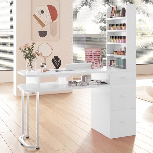 TABU Professional Manicure Table,Large Nail Desk for Nail Tech with Side Cabinet and Large Drawers, Beauty Salon Nail Workstation with Dust Collector and Wrist Cushion, White