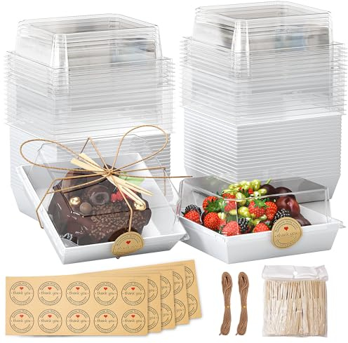 EffiQ-Rate 50Pcs White Cake Slice Boxes with Clear Lids 13.5 x 12.5 x 6.5cm | PET Plastic, with Stickers, Twines and Forks, Home Baking, Bakey Sales, for Cake Portions, Cupcakes, Charcuterie and Sandwich