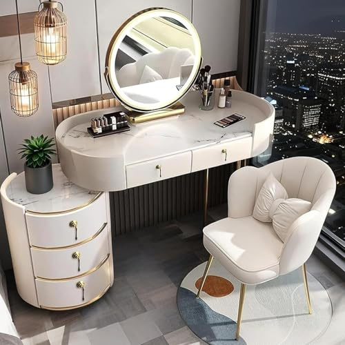 Schminktisch mit Spiegel und Hocker, Touchscreen Schminkspiegel mit 3-Farben dimmbar, Schminkkommode mit 5 Schubladen für Frauen und Mädchen - Modernes Schlafzimmer Kommode Geschenk (Weiß, 100cm)