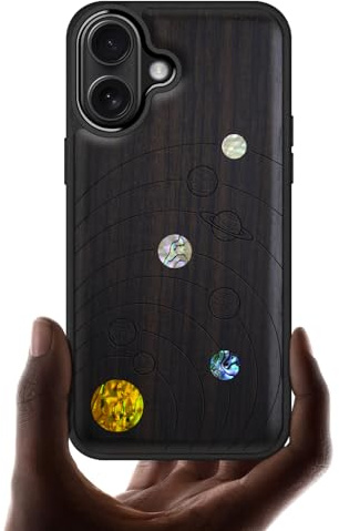 Carveit Magnetic Wooden Case for iPhone 17 Case, Wood Artisan Engraved & Handmade Shell Inlaid, TPU Shockproof Cover, Compatible with MagSafe Wireless Chargers (Solar System-Blackwood)