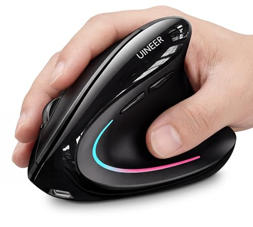 Uineer Ergonomic Mouse, Wireless Bluetooth Rechargeable Vertical Mouse, 7 Color LED, 4 DPI Adjustable, USB-A, Wrist Strain Relief,Optical Mice for Computer/PC/Laptop, Black (Black)
