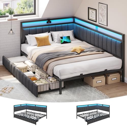 DICTAC Polsterbett Schlafsofa 140x200 mit 2 Schubladen und USB-Ladestation Jugendbett 140x200 mit LED-Beleuchtung,Bettgestell mit Lattenrost aus Metall,Tagesbett,Gästebet, Leinen,Dunkelgrau
