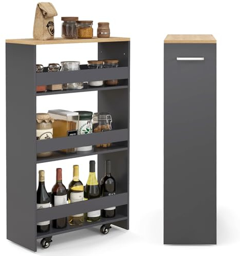FANTASK Scaffale per nicchia larghezza 20 cm, 47,5 x 20 x 80,5 cm, sottile mensola da cucina con manico e ringhiera, mensola da bagno su ruote, 4 ripiani, per cucina, bagno (grigio scuro)