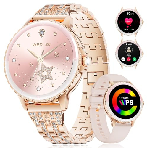 LIGE Smart Watch Women Phone Call 1.27 HD Round Stainless Steel Fitness Tracker Elegant Diamond Smartwatch for Android iOS,100+ Sports Modes,Heart Rate,Sleep Monitor,Menstrual Cycle,Rose Gold