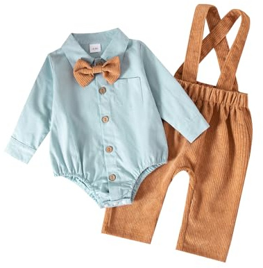 UUAISSO Babykläder för pojkar, långärmade toppar, hängslen, rutiga byxor, set, baby, pojkar, män, födelsedagskläder, Blåorange, 0–3 Monate