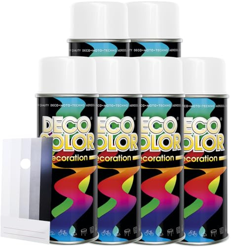 Craft-Equip DC 6 Stück Lackspray Glanz nach RAL in 400ml zur Lackierung von Auto Stahl Aluminium Beton Holz und Spritzmusterkarte (6 Dosen in weiss matt RAL 9010 + Karte)