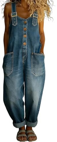 Women's Vintage Denim Jean Overalls Regular-Fit Stretch Straight Leg Roll-Up Baggy Bib Dungarees Washed Cotton Button Front Sleeveless Jeans Coveralls with Pockets for Women UK