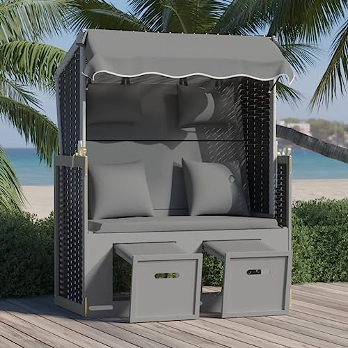 NIVVHOH Modern Strandkorb & Liegestuhl Anthrazit Schwarz Poly Rattan mit Dach und ausziehbaren Hockern für Garten, Balkon, Im Freien (115 x 55 x 133/151/156 cm)