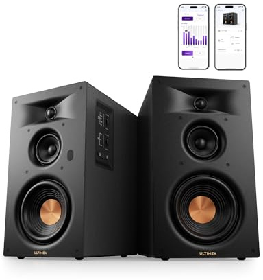 ULTIMEA BS-3 Aktive 3-Wege-Regallautsprecher, 70W RMS Aktivlautsprecher | 5,25 Tieftöner, App, Bluetooth 6.0, HDMI ARC, Subwoofer-Ausgang, für Heimkino, TV, PC & Plattenspieler, Studio Monitor