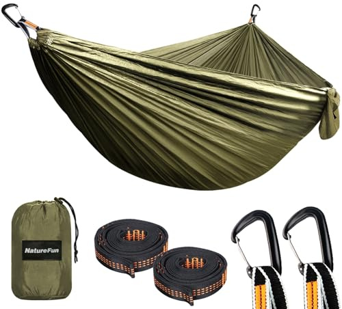 NATUREFUN Ultraleichte Reise Camping Hängematte | 300kg Tragkraft (300 x 200 cm) Atmungsaktiv, Schnelltrocknendes Fallschirm Nylon | 2 x Premium Karabiner, 2 x Nylon-Schlingen Inbegriffen | Draußen | Ultraleichte Atmungsaktiv Schnelltrocknendes Fallschirmseide Ripstop-Nylon Reise-Hängematten 2 Premium Karabiner 2 Schlingen
