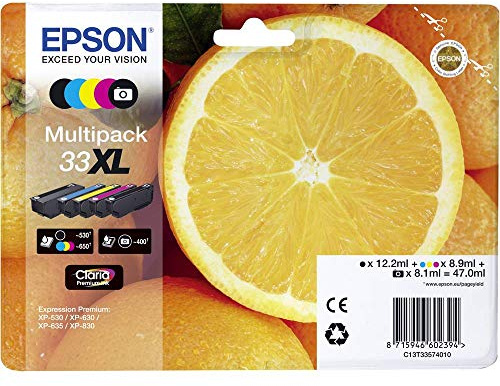 Epson Original Orangen Claria 33XL Multipack extra große Tintenpatrone – 5 Farben: Patronen: Schwarz, Cyan, Magenta, Photo Schwarz, Gelb – 1 x 12,2 ml, 3 x 8,9 ml, 1 x 8,1 ml