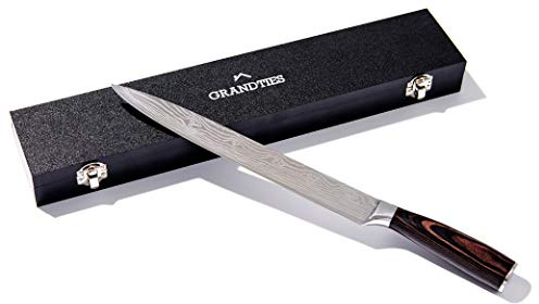 GRANDTIES Damascus Style Slicing Carving Knife - 10 Inch Full Tang High Carbon German Stainless Steel Brisket Kitchen Knives - Long Slicer & Carver - Ergonomic Pakkawood Handle - With Gift Box