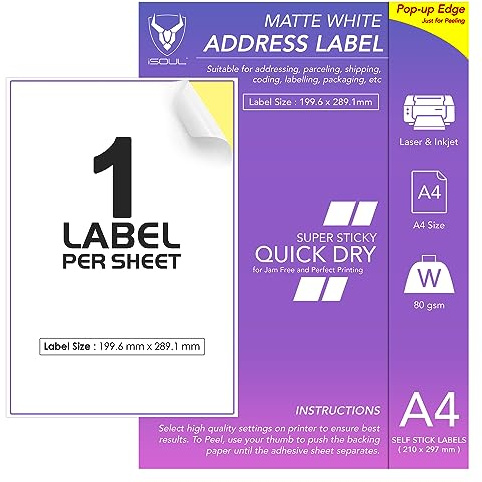 1 Labels Per A4 Sheet, 50 Sheets 50 Sticky Label, Printable Sticker Paper, iSOUL Matte Self Adhesive Address Mailing, Shipping, Postage, Laser & Inkjet Printer Compatible [Quickdry]