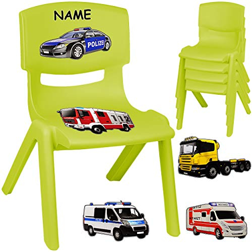 alles-meine.de GmbH Kinderstuhl/Stuhl - Motivwahl - grün - apfelgrün + Sticker - Feuerwehr & Polizei Auto - inkl. Name - Plastik - bis 100 kg belastbar/kippsicher - für INNEN..