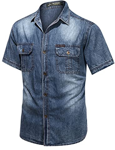 IFIKK Camisas de mezclilla para hombre de manga corta de algodón fino delgado elástico jeans camisas de mezclilla de los hombres de verano bolsillos camisa, azul, M