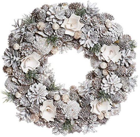 Christmas Wreath Pine Cone Front Door Wreath Wall Hanging Garland (BM30) | Christmas Wreath, Wall Wreath, Door Wreath, Pine Cones, Whitewashed Finish, Wooden Flowers, Outdoor Wreath