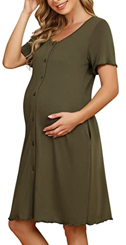 KOJOOIN Chemise de Nuit Naissance Femme d'allaitement Manches Courtes Vêtements de Nuit Coton de maternité avec Patte de Boutonnage sur Toute la Longueur Robe de Nuit,Vert armée(Manches Courtes),L