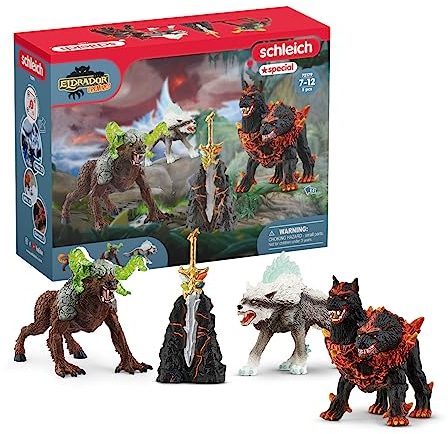 Schleich Eldrador Creatures - 5PC Fantasy Creature Set - Ice Wolf, Lava Hound, Rock Beast and Sword Figure Playset - Animal Monster Figurines for Boys and Girls - Durable Toys for Kids Ages 7+ | 72179
