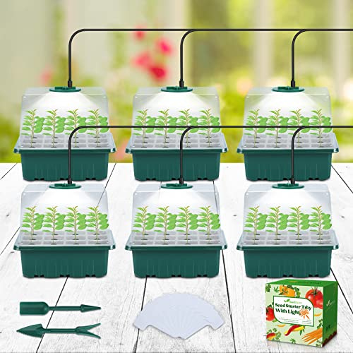 Seedfactor Seed Starter Tray with Light, 6PCS Seed Starter Kit with Grow Light, Seedling Starter Trays with Humidity Domes, Covers Height 3.9, Indoor Gardening Plant Germination Trays