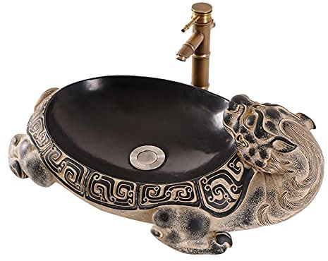 Waschbecken Handwaschbecken Chinesisch-Stil Kreativität Badezimmer Waschbecken über Gegenbecken Tierform Eitelkeit Waschbecken Kunst Becken Vintage Stein Farbe Eitelkeit Waschbecken mit Wasserhahn Com
