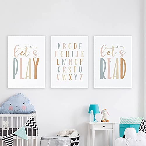Spielzimmer Poster Kinderzimmer Bild Kinderzimmer Wandkunst Leinwand Malerei Alphabet Nordic Kind Schlafzimmer Dekoration Babyzimmer 60x85cm-3Pcs Frameless