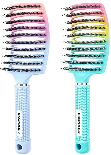 2 Pack Detangling Brush Getting Knots Out without Pain Adds Shine and Makes Hair Smooth,Detangler Boar Bristle Hair Brush for Adult & Kids Wet or Dry Hair(Green&Blue)