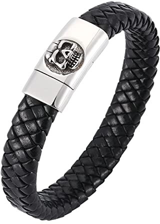 Ayoiow Männer Armband Indianer, Armband Edelstahl Herren Herren Armbänder Leder Schwarz Flechtarmband mit Totenkopf