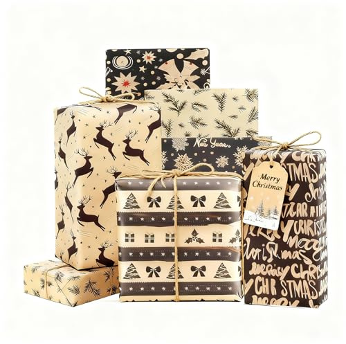 Jatidne 12 Christmas Wrapping Paper Sheets with Gift Tags and String Xmas Wrapping Paper