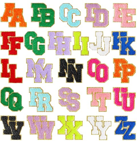 Morcheiong 52 Stück selbstklebende Chenille-Buchstabenflicken A-Z, Buchstaben zum Aufbügeln für selbstgemachte Kleidung, Stoffe, Schuhe, Taschen (mehrfarbig)