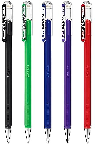 Pentel Mattehop Flüssiggel-Tintenroller, K110, 1,0 mm Spitze, Schwarz, Blau, Rot, Grün und Violett, 5 Stück