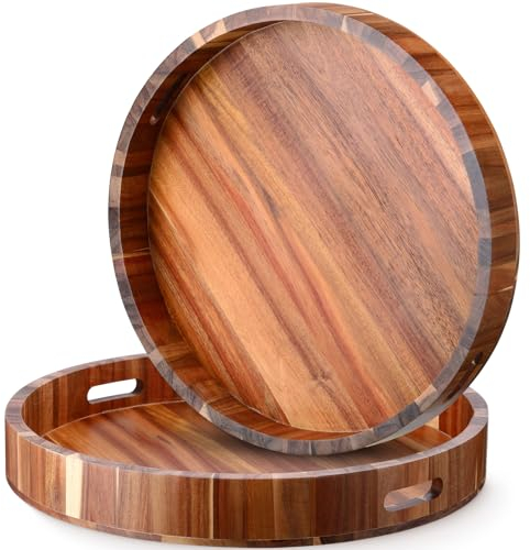 Tanlade 2 Stück 50,8 cm großes, rundes Serviertablett aus Holz mit Griffen, robustes Serviertablett aus Akazienholz, Serviertablett für Ottomane, Tisch, Serviertabletts für Küche, Wohnzimmer,