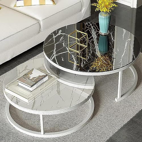 CATANK Table Basse Ronde Moderne, Table gigogne en Verre trempé et métal, Table d'appoint, Lot de 2, Table de canapé, Table Centrale de Salon (Couleur : Cadre Blanc, Taille : 71,1 cm + 50