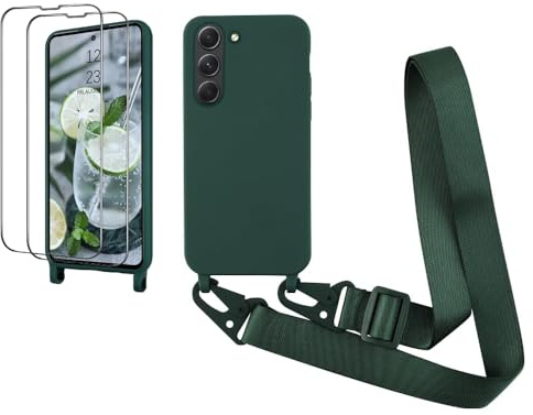 CaseLover Handyband für Samsung Galaxy S23 5G Hülle mit Band, Dunkelgrün | mit 2 Stück Schutzfolie, Flüssiges Silikon Necklace Handyhülle, Verstellbarer zum Umhängen Kordel, Stossfest Schutzhülle