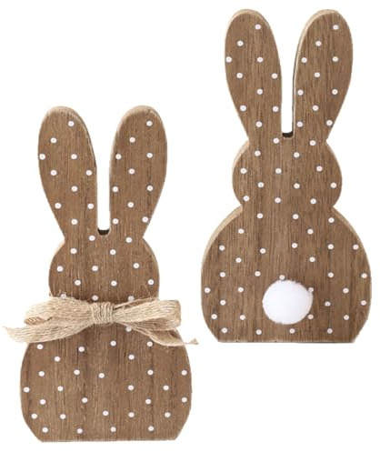 YIEUR 2 Stück Osterhase weiß Holz Aufsteller Osterhasen Figuren Deko, 17cm Osterdeko Holz Wohnzimmer zum Hinstellen für Draußen Tischdeko Garten Deko (braun)
