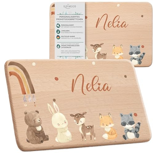 KIDSMOOD - Individuelles Frühstücksbrettchen Kinder Holz, Niedliches Brettchen personalisiert mit Wunschnamen und Tier-Motiv, Als Taufgeschenk und Babygeschenk