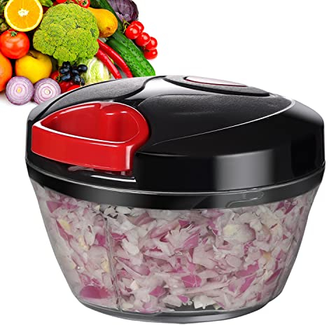 Ourokhome Hand Pull Food Processor - Portable Manual String Vegetable Chopper Small Kitchen Speed Mincer for Veggie, Garlic, Onion, Ginger, Black