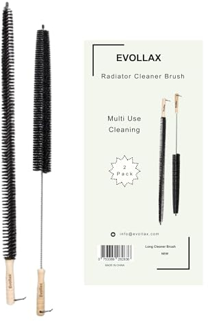 Evollax Radiator Cleaner Brush – 2 Pack Wood Handle Radiator Brush with Hanging Hook Loop | Radiator Cleaning Brush | Radiator Brushes for Cleaning 65 CM | Radiator Cleaner Brush Thin Long Flexible