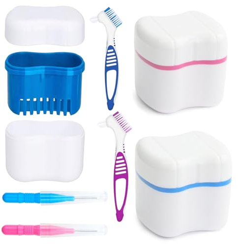 Prothese Box Zahnprothese Box 2 Dentures Case Prothesendose Zahnspange Reinigungsbäder Zahnprothese Etui, Zähne Aufbewahrungsbox Mit Spülkorb Für Falsche Zähne Lagerung Reinigung, 6 Pcs Blau+Rosa