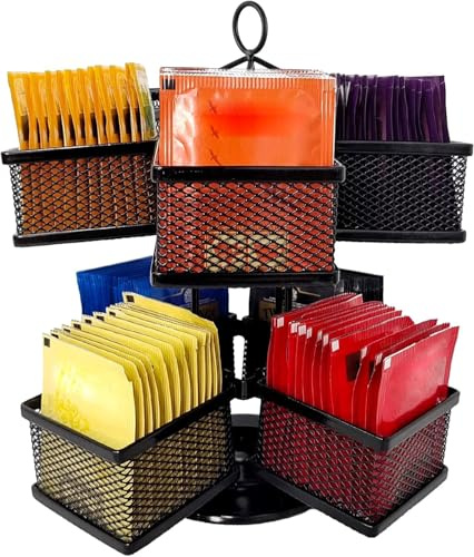 SHUESS Metall Teebeutelhalter, Drehbar Teeboxen für Teebeutel Teebox Groß mit 8 Fächern, Teeregal Teebeutel Aufbewahrungsbox Tee Organizer für 96 Tea Bag (Schwarz)
