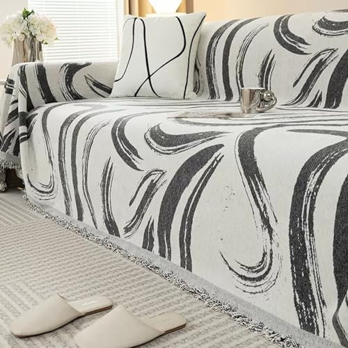 Epinki Sofabezug, 180x130CM Ecksofa Bezug Decke mit Quaste Unregelmäßiges Muster Muster, Wohnzimmer Sessel Hunde Haustiere Sofahusse aus Chenille für Wohnzimmer, Schwarz