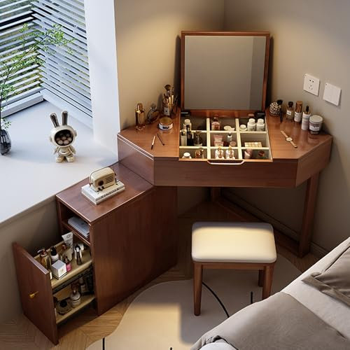 Ernqi Schminktisch mit Aufbewahrungs Schrank, Eck-Schminktisch aus Massivholz mit Klappspiegel, ausziehbarem Schrank, Hocker, Kommode mit Spiegel, Schminktisch für kleines Schlafzimmer (Brown)