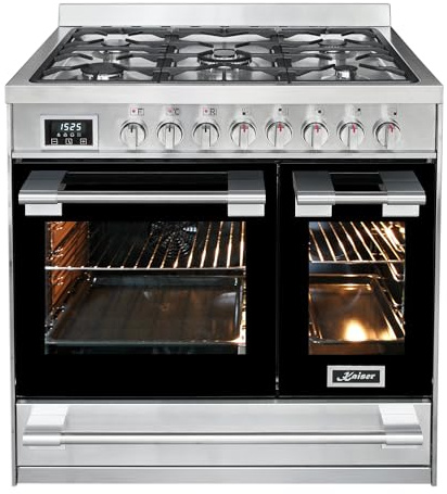 Kaiser HGE 93201 R Cuisinière en Acier Inoxydable de Qualité Supérieure avec Double Four Électrique, 115 L, Range Coocker 90 cm, 8 Fonctions, 5 Brûleurs à Gaz 3,7 kW, pour WOK Gaz Naturel
