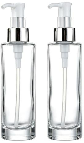 2 botellas de vidrio transparente de 120 ml con cabezal de bomba blanco, rellenable, dispensador de jabón líquido, botella de prensa para artículos de tocador, recipientes de almacenamiento para