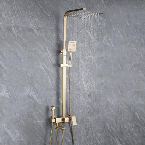 BiaoTeng Colonne de Douche avec Mitigeur pour Baignoire Hauteur Réglable Monocommande Ensemble de Douche Mural Colonne Douchette Douche Salle de Bain Or Brossé
