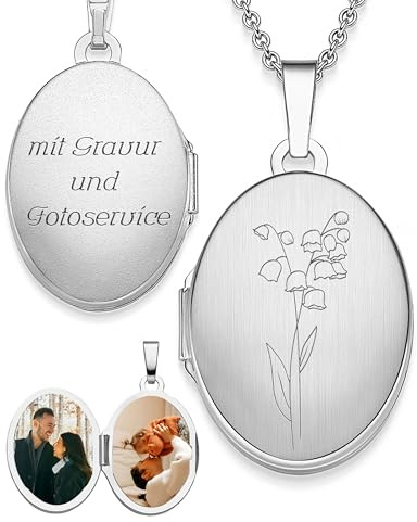 Amoonìc Damen Medaillon mit Geburtsblume oval Silber 925 / Gold vergoldet | Kette zum Öffnen für Bilder personalisiert mit Geburtsblumen Gravur, Geschenk Geburtstag