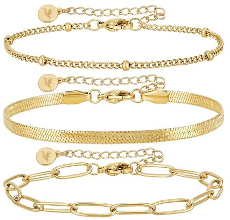 BONNYBIRD® Edelstahl Armband Damen Gold Armbänder Set Armkette Wasserfester Schmuck vergoldet Goldarmband Goldenes Gliederarmband Schlangenarmband Armkettchen Damenarmband Frauen Bracelet Goldschmuck