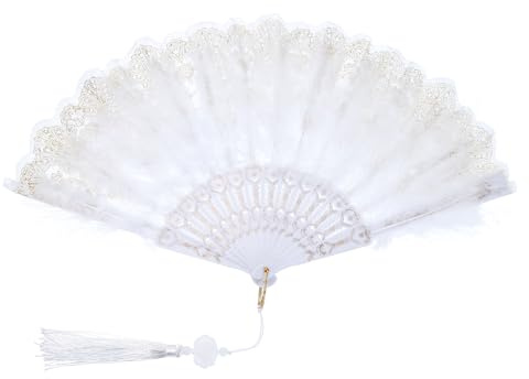 PATIKIL Embroidered Flower Marabou Feather Fan, 1920s Vintage Folding Handheld Fan Chinese Flapper Hand Fan for Costume Party Dancing Wedding Show Tea Decoration, White