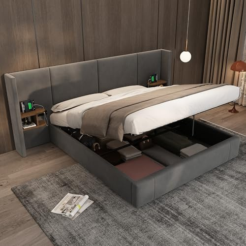 Upholstered Bed Frame with Wingback Wide Headboard & 2 Bedside Tables, 5ft King Size Hydraulic Gas Lift Bed with Sockets & Charging Station, Velvet Functional Ottoman Storage Bed, No Mattress, Grey
